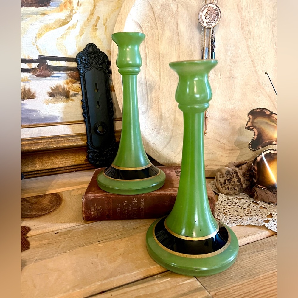 Vintage Set of Two Green Frosted Candle Holder with Black and Gold Trim CZECH